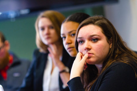 Julie Sisler listens to Dr. Caboni during the editorial boards meeting with Dr. Caboni on Wednesday, January 22nd, 2019.