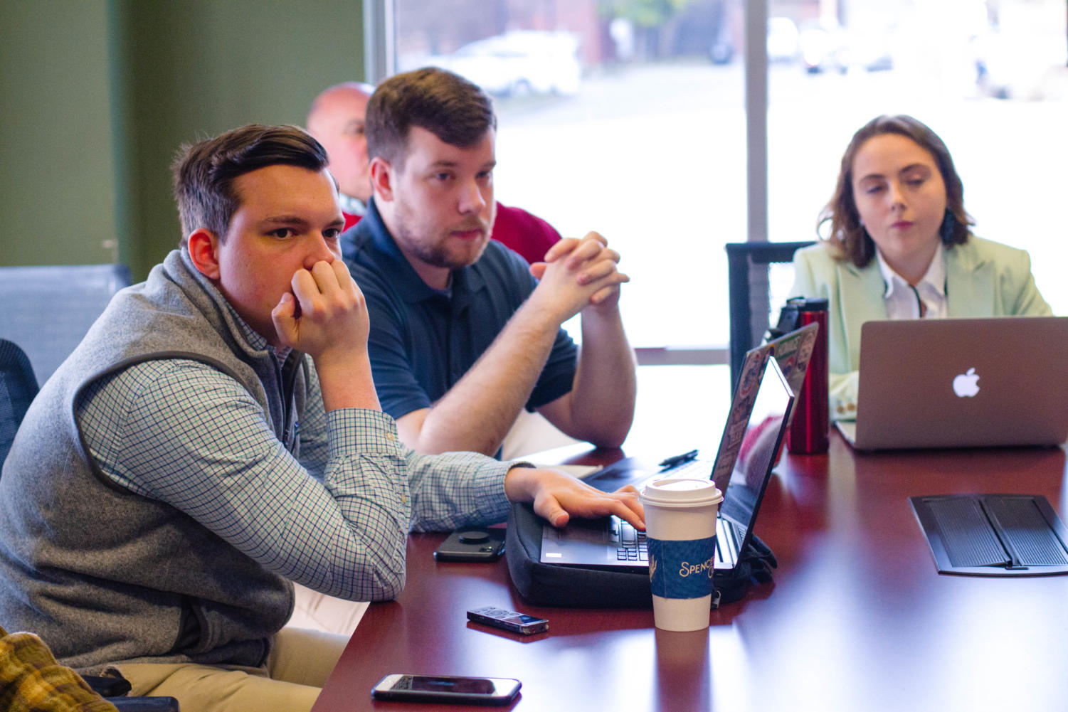 Matt Stahl listens to Dr. Caboni during the editorial board's meeting with Dr. Caboni on Wednesday, January 22nd, 2019.